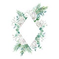 Watercolor white and blue floral frame with rose eucalyptus branch fir banch twigs spruse wild flower.