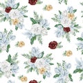 Watercolor white and blue floral seamless pattern with flower bouquet. Burgundy Rose, fir branch Royalty Free Stock Photo