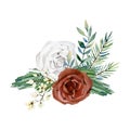 Watercolor white and burgyndy flower bouquet. Rose, fir branch, wild floral. Greenery bouquet