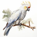 Watercolor white cockatoo parrot isolated on white background. Exotic tropical bird illustration jungle design. Royalty Free Stock Photo