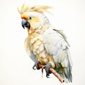 Watercolor White Cockatoo Parrot Isolated On White Background. Exotic Tropical Bird Illustration Jungle Design.