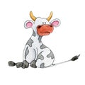 Watercolor cow funny sits isolated on white background