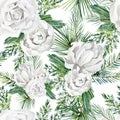 Watercolor white floral seamless pattern with flower bouquet. White Rose, fir branch. Greenery foliage background