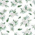 Watercolor white floral seamless pattern with flower bouquet. White Rose, fir branch.