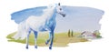 Watercolor white horse on simple landscape with meadows and lonely house with some trees. Horisontal rural illustration