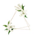 Watercolor white lilies with triangular golden geometric frame