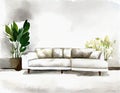 Watercolor of A white living room with a couch and