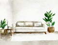 Watercolor of A white living room with a couch and