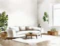 Watercolor of A white living room with a couch and