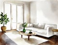 Watercolor of A white living room with a couch and