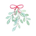 Watercolor white mistletoe branch with red ribbon isolated on white