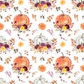 Watercolor white and orange pumpkin arrangement, fall flowers, leaves, berries. Autumn botanical seamless pattern Royalty Free Stock Photo