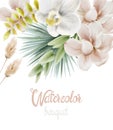 Watercolor white orchid flowers and palm leaves Royalty Free Stock Photo