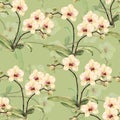 Watercolor white orchid on a limepeel background.Handiwork seamless pattern.