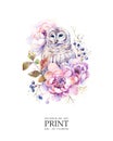 Watercolor white owl in pink peony flowers.