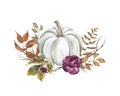 Watercolor white pumpkin and fall leaves illustration. Floral autumn arrangement, isolated