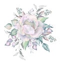 Watercolor White Roses Snowy Bouquet