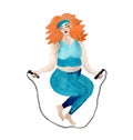 Watercolor fat woman jumping rope