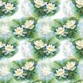 Watercolor white water-lilly flowers seamless pattern with frog on pond