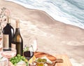 Watercolor white wine bottle, fresh ripe grapes, cheese on the wood table landscape sea. Hand draw background with food Royalty Free Stock Photo