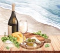 Watercolor white wine bottle, fresh ripe green grapes, cheese on the wood table landscape sea. Hand draw background with Royalty Free Stock Photo