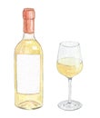Watercolor white wine bottle and glass set isolated on white background Royalty Free Stock Photo