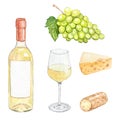 Watercolor white wine and cheese set isolated on white background. Hand drawn green grape fruit and glass wine bottle Royalty Free Stock Photo