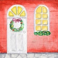 Watercolor white wodden doors and luminous windows in vintage style on red background wall with Christmas wreath Royalty Free Stock Photo