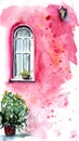 Watercolor white wooden window on a bright magenta wall