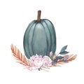 Watercolor whole fresh blue pumpkin and flowers. Hand-drawn illustration isolated on white background. Perfect for menu