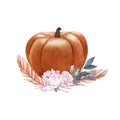 Watercolor whole fresh orange pumpkin and flowers. Hand-drawn illustration isolated on white background. Perfect for