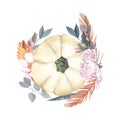 Watercolor whole fresh white pumpkin and flowers. Hand-drawn illustration isolated on white background. Perfect for menu