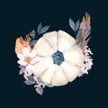 Watercolor whole fresh white pumpkin and flowers. Hand-drawn illustration isolated on black background. Perfect for menu
