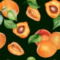 Watercolor whole and segment apricots seamless pattern isolated on black. Orange fruits illustration. Peach, leaves