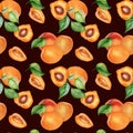 Watercolor whole and segment apricots seamless pattern isolated on dark. Orange fruits illustration. Peach, leaves