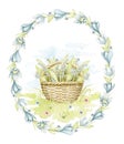 Watercolor wicker basket with bouquet may-lily on the grass on lawn in floral frame Royalty Free Stock Photo