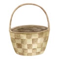 Watercolor wicker basket illustration. Hand painted brown empty woven container isolated on white background. Natural Royalty Free Stock Photo
