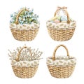 Watercolor wicker baskets with colorful Easter eggs, flowers and willow bouquet Royalty Free Stock Photo