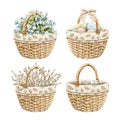 Watercolor wicker baskets with colorful Easter eggs, flowers and willow bouquet