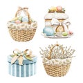 Watercolor wicker baskets with colorful Easter eggs, willow bouquet, gift box and cake