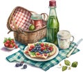 Watercolor wicker picnic basket with pancakes, jam, fresh berries, strawberry, blueberry, apple, green tea and crockery