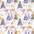 Watercolor wigwams and authentic native american elements seamless pattern Royalty Free Stock Photo