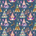 Watercolor wigwams and authentic native american elements seamless pattern Royalty Free Stock Photo