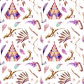 Watercolor wigwams and authentic native american elements seamless pattern Royalty Free Stock Photo