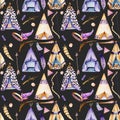 Watercolor wigwams and authentic native american elements seamless pattern Royalty Free Stock Photo