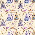 Watercolor wigwams and authentic native american elements seamless pattern Royalty Free Stock Photo