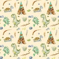 Watercolor wigwams, turtles and dinosaurs seamless pattern Royalty Free Stock Photo