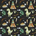 Watercolor wigwams, turtles and dinosaurs seamless pattern Royalty Free Stock Photo