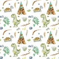Watercolor wigwams, turtles and dinosaurs seamless pattern Royalty Free Stock Photo