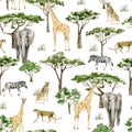 Watercolor wild Africa animal seamless pattern. Savannah Cheetah, Zebra, Elephant, Giraffe and tree. Nature Africa for nursery Royalty Free Stock Photo